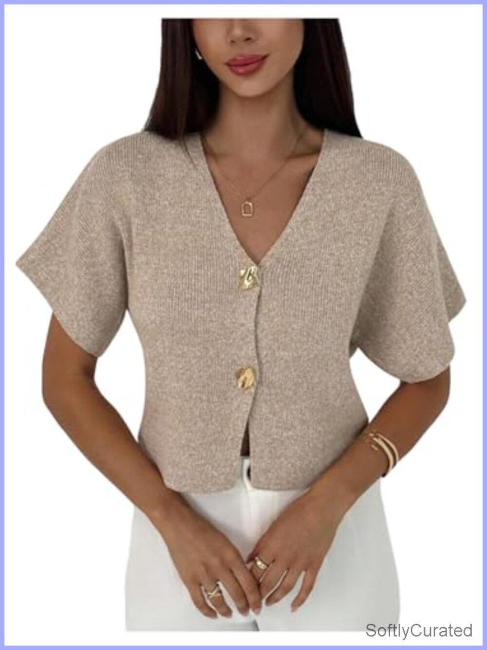 Women's Short Sleeve V Neck Rib Knit Cardigan Sweater Lightweight